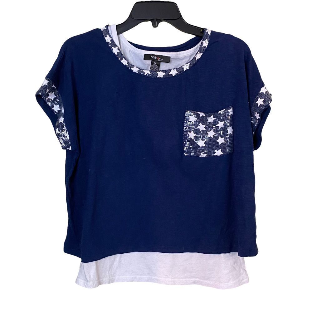 Style & Co. Stars Navy & White Layered Top Size PL